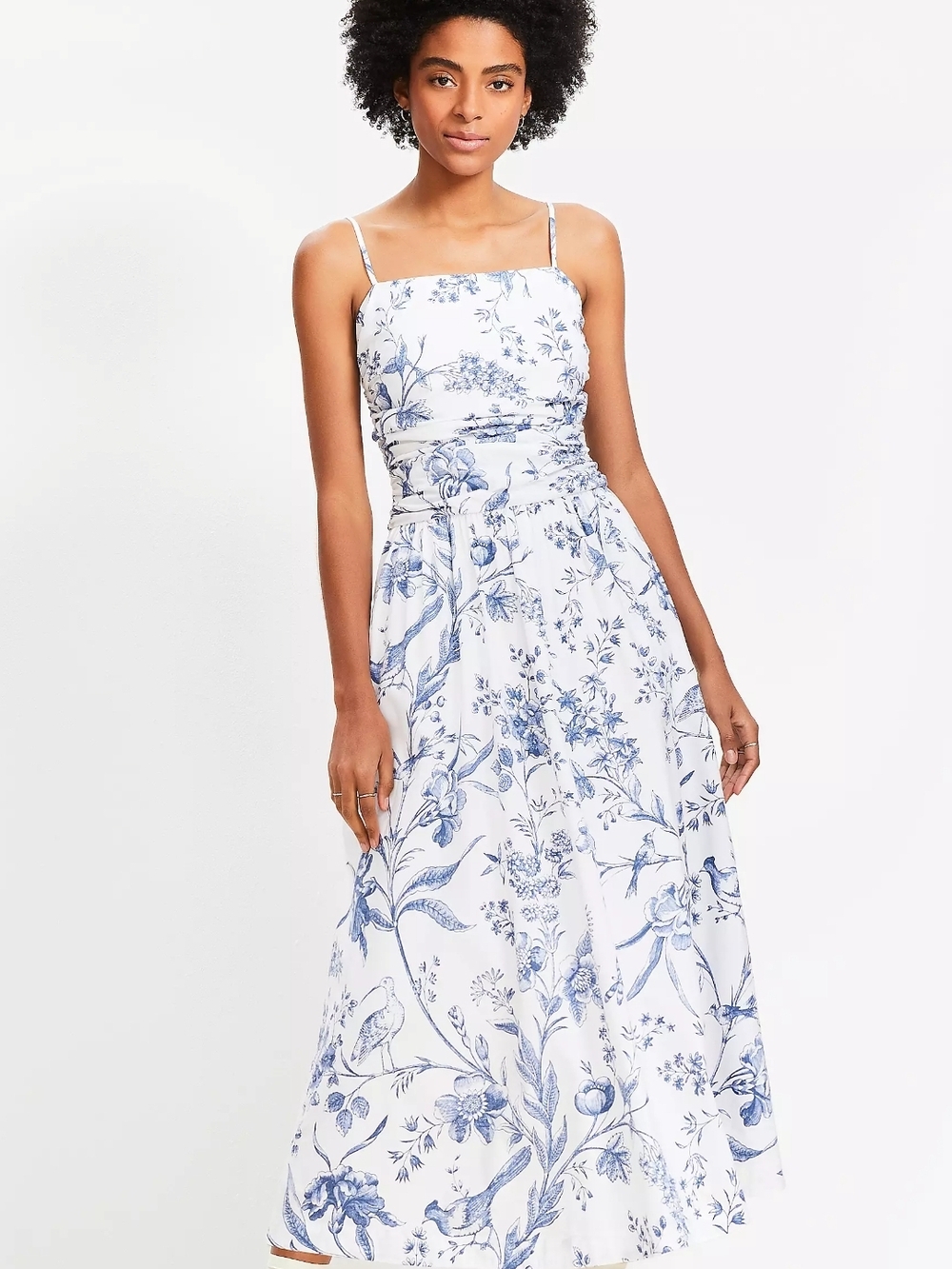 LOFT Strappy Blue And White Bird Toile Midi Pocket Dress